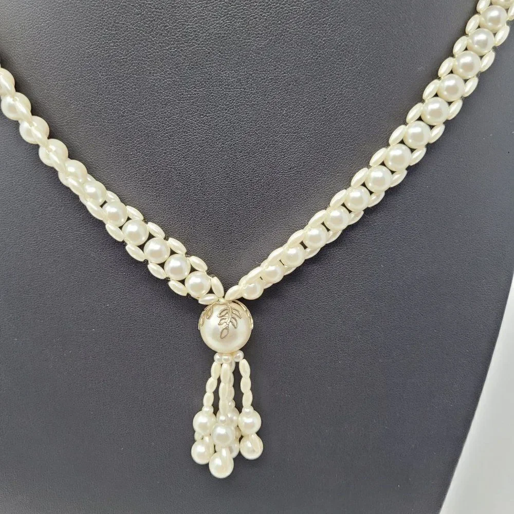 Vintage Faux Pearl Intricate Woven Opera Necklace Pearl Tassel Pendant Statement
